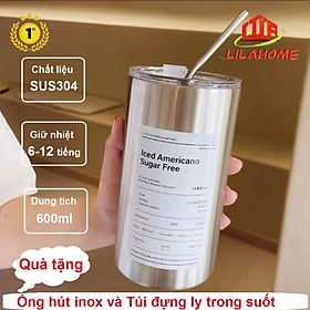 Mua Ly Giữ Nhiệt Inox 304 600ml Độ Bền Cao Tặng Kèm Ống Hút Inox Và Túi Đựng Ly Trong Suốt - Chính Hãng