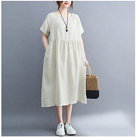 Đầm suông đũi cổ tròn form rộng trẻ trung, chất vải đũi mềm mát, thời trang phong cách Nhật Bản Dv81