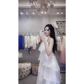 Đầm maxi cổ yếm đính hoa nối tầng thắt nơ đi biển Váy đi chơi biển du lịch