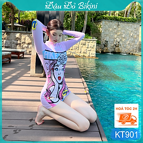 Bộ Đồ Bơi Nữ Liền Thân Quần Đùi Tay Dài, Chống Nắng Tối Ưu, Khóa Kéo Sau Tiện Lợi, Chất Vải Thun Lạnh Co Giãn Cao, Nhanh Khô - Phom Dáng Ôm Gọn, Tôn Dáng | KT901