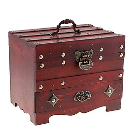 Vintage Wooden Jewelry Box with Lock Storage Rings Trinket Case Organizer