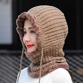 Mũ len nữ trùm đầu liền khăn choàng cổ lót lông ấm áp thích hợp cả nam và nữ
