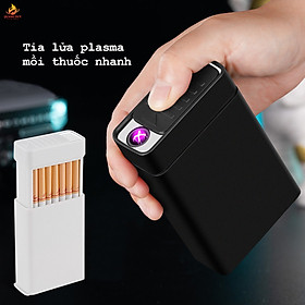 Hộp đựng thuốc 20 điếu kiêm hộp quẹt bật lửa điện plasma chống gió sạc pin tiện lợi sang trọng