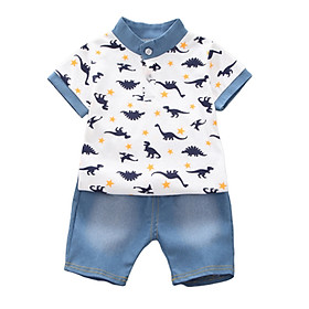 Set Áo Thun Kèm Quần Cotton In Hình Khủng Long Cho Bé Trai