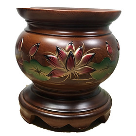 Hình ảnh Bát hương bằng gỗ, Lư hương gỗ thờ cúng khắc nổi hoa sen cao 16cm