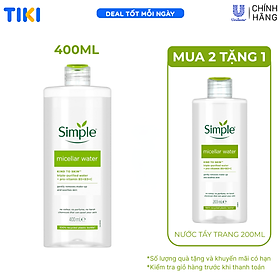 Nước tẩy trang Simple Micellar làm sạch trang điểm vượt trội - không chứa cồn gây khô rát 400ml [CHÍNH HÃNG ĐỘC QUYỀN]