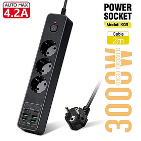 3000W EU Power Strip Dải AC Outlets Multitap Socket 2M Dây mở rộng Điện với USB Type C PD 4.2A Bộ lọc bộ lọc mạng Tiêu chuẩn: EU plug