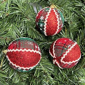 Combo 3 quả châu thổ cẩm cao cấp phủ nhũ treo cây thông Noel trang trí Giáng sinh đường kính 8cm