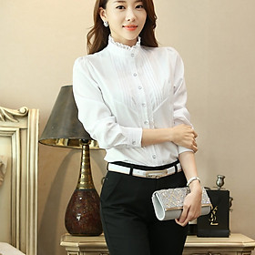 Áo sơ mi nữ cổ trụ phối ren sang chảnh, cách điệu xinh xắn, thời trang công sở AH84
