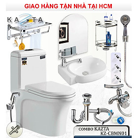 Combo Thiết Bị Nhà Tắm Nhỏ Gọn Kazta KZ-CBMN01: Bồn Cầu 1 Khối-Vòi Xịt-Lavabo Treo Góc-Vòi Lạnh-Bộ Sen Tắm Lạnh-Gương-Giá Treo Khăn Đa Năng-Kệ Góc 2 Tầng