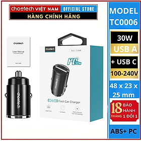 Tẩu sạc nhanh trên ô tô 30W 5A 2 cổng (USB Type C+ USB-A QC3.0) Choetech TC0006- Hàng chính hãng