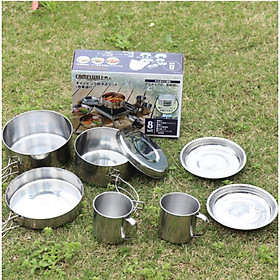 Bộ nồi nấu ăn dã ngoại đi rừng gồm 8 món bằng inox cao cấp gập gọn tiện lợi (tặng kèm túi đựng có dây rút)