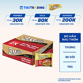Thùng 30 Gói Mì 3 Miền Gold Bò Hầm Rau Thơm 75g