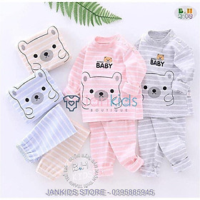 Bộ quần áo dài tay thu đông chất nỉ hình gấu kẻ có bo ống cho bé / Bộ nỉ kẻ cho bé trai, bé gái 5-15kg