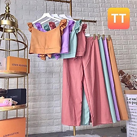 Set bộ quần ống rộng, áo crotop thắt nơ sau lưng
