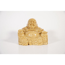 Tượng Phật Di Lặc đá vân gỗ, trắng tự nhiên NGỒI CƯỜI nguyên khối đặt bàn làm việc, xe ô tô, non bộ - 10cm nhiều màu