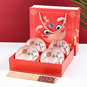 Bộ bát đũa 4 chiếc, bộ bát sứ, quà tặng sự kiện năm mới
