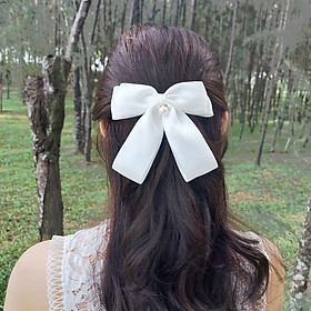 Kẹp Tóc Nơ Ruy Băng Trắng Đính Hạt Ngọc Tiểu Thư Sang Chảnh - Nơ Dành Cho Các Bạn Nữ Xinh Đẹp.