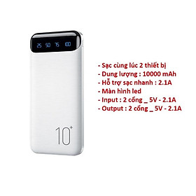 Pin sạc dự phòng 10000mAh WK DESIGN WP-161 sạc 2 thiết bị cùng lúc,sạc nhanh 2.1A, dùng cho android và ios