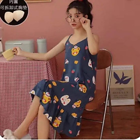 Váy nữ dài in hoạt hình 2 dây cổ V phong cách Hàn Quốc