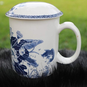 Mua Ly sứ có nắp đậy bằng sứ - 420ml- hình cá chép - hoa sen - Men sứ Nhật cao cấp - Chống nứt nẻ