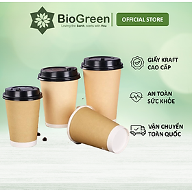 50 ly giấy kraft có nắp,2 lớp 1pe 195ml - 6.5oz, 260ml - 9oz, 360ml - 12oz, 500ml - 16oz chịu nhiệt dùng 1 lần