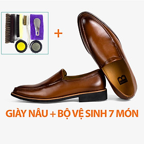 Giày nam công sở da bò nappa cao cấp, giày lười G114- Bụi leather- hộp sang trọng - 38 - Màu nâu + Bộ vệ sinh