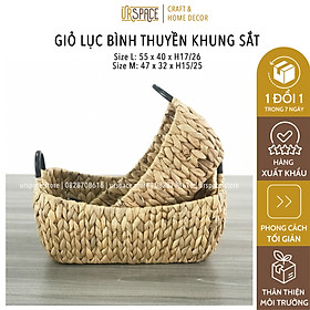 Giỏ lục bình (cói) đựng đồ đa năng trang trí hình thuyền có quai cầm/ Hand woven water hyacinth basket with metal handle