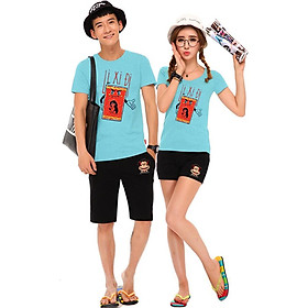 Bộ Áo Thun Đôi Nam Nữ Lì Xì Đi Màu Xanh Thiên Thanh