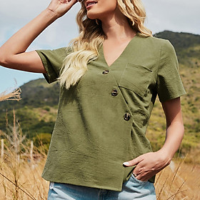 Women Casual V-neck Blouse Short Sleeve T-shirt Buttons Pocket Solid Loose Fit Tops