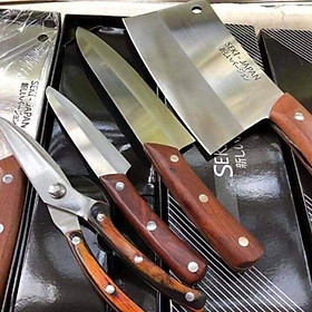Bộ Dao, Kéo Nhật Seki chặt thái gọt kéo, cán gỗ thép không gỉ siêu bền, siêu đẹp