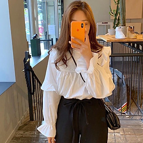 Áo babydoll tiểu thư ulzzang - Áo sơ mi kiểu bèo vai cánh tiên tay phối bèo xinh xắn
