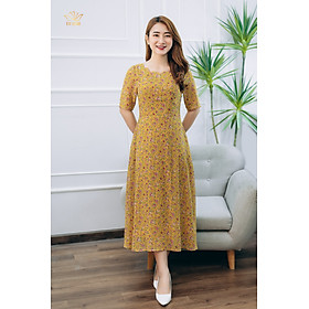 Đầm xòe thiết kế trung niên cao cấp sang trọng Cổ sóng nước tay ngắn màu Vàng Hoa TTV STORE TTV1372