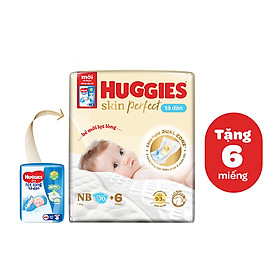 Tã/bỉm dán sơ sinh Huggies Skin Perfect NB 70+6 miếng với 2 vùng thấm giảm kích ứng da