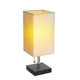 Tomshine Bedside Table Light Pulling Switch Desk Nightstand Lamp with 2 USB Charge Port Square Fabric Shade for Bedroom