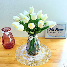 Mua (Lọ hoa cắm sẵn) Combo hoa tulip lá thẳng kèm bình cực sang trọng - Hoa giả trang trí  để bàn
