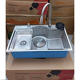 Chậu rửa bát inox304 bán nguyệt 5li chống xước 7546 Valenza, vòi rửa bát rút dây nóng lạnh 01, bộ xả 18cm, khay inox, rổ inox lỗ, bình rửa bát, rửa ly cốc