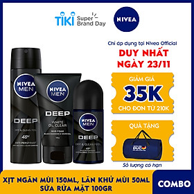 Bộ 3 sản phẩm Xịt và Lăn Ngăn Mùi NIVEA MEN DEEP Than Đen Hoạt Tính (Xịt 150ml - 80027 & Lăn 50ml - 80031) & Sữa Rửa Mặt NIVEA MEN DEEP Than Đen Hoạt Tính Hút Nhờn Sáng Da (100G) - 84415