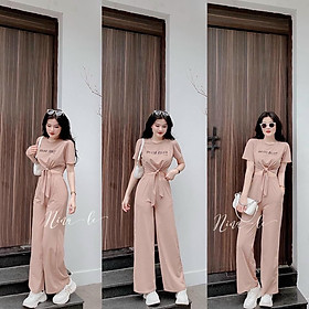 Sét bộ nữ áo in chữ MIU MIU tay ngắn from croptop eo cột nơ kèm quần dài ống suông tôn dáng cho nàng dạo phố