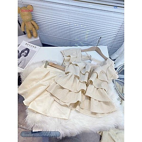 Bộ Nữ Caro Xếp Tầng, Cột Nơ Sau Đủ Màu, Quần Nữ Có Túi Siêu Dễ Thương Sang Chảnh - Bộ Caro Cà Phê
