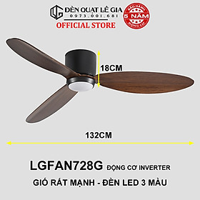 Quạt Trần Đèn Gió Mạnh LÊ GIA LGFAN728T - Chiều Cao 18cm - Sải Cánh 132cm - Bảo Hành 5 Năm