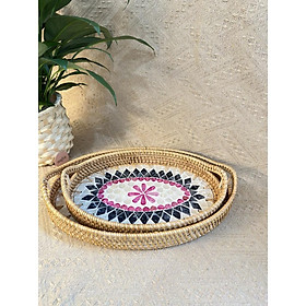 Mua Khay mây khảm trai bầu dục có tay cầm ONGTRE đựng đồ đa năng  cao cấp  decor - OTB3