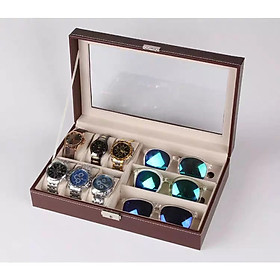 Hộp đựng kính đồng hồ bọc da gồm 6 chiếc đồng hồ và 3 kính mắt tặng kèm dụng cụ ngoáy ráy tai có đèn tiện lợi
