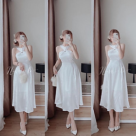 Đầm nữ Midi cổ lọ nhún ngực màu trắng tinh khôi dạo phố, dự tiệc