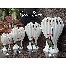 Mua Bình Hoa Lọ Hoa Bàn Tay Phật Men Trắng Vẽ Hoa Sen Đỏ Full Size - Gốm Sứ Bát Tràng