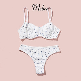 Set đồ lót cotton có gọng không đệm màu trắng họa tiết hoa xanh đáng yêu Mebra