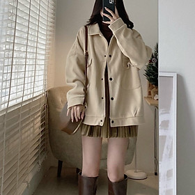 áo khoác nhung da lộn nút bấm trơn có 2 túi dáng rộng phong cách thời trang vintage unisex ulzzang nam nữ  Form Rộng Siêu Xinh