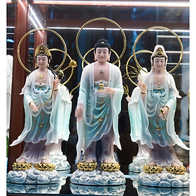 [Đồ thờ cúng  ]Tượng tam thế Phật siêu phẩm bằng đá cực sắc nét, hào quang đồng sang trọng