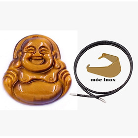 Mặt Phật Di lặc đá mắt hổ vàng đen 2.4 cm ( size nhỏ ) kèm vòng cổ dây cao su đen + móc inox vàng, mặt dây chuyền Phật cười