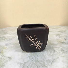 Chậu bonsai Vuông khắc mini đất nung màu đen gốm Bát tràng 1 size BM-127